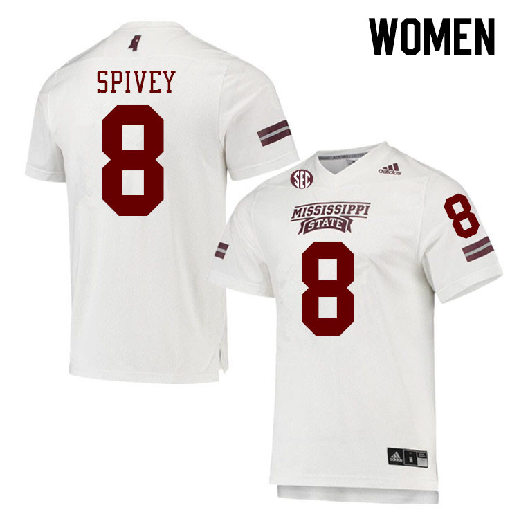 Women #8 Geor'quarius Spivey Mississippi State Bulldogs College Football Jerseys Stitched Sale-White